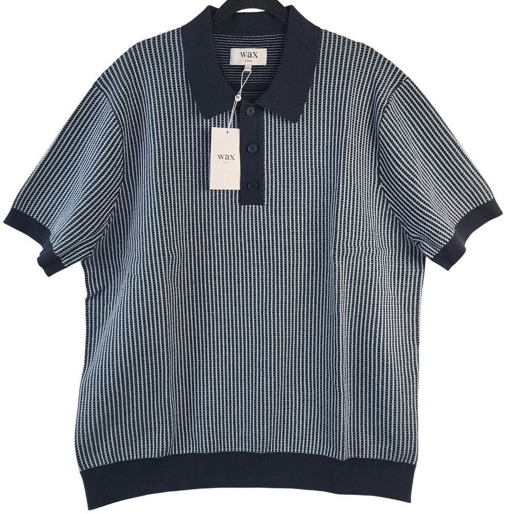 Wax London Turin Polo Shirt Navy Ladder Stripe XXL 100% Cotton Mens Short Sleeve